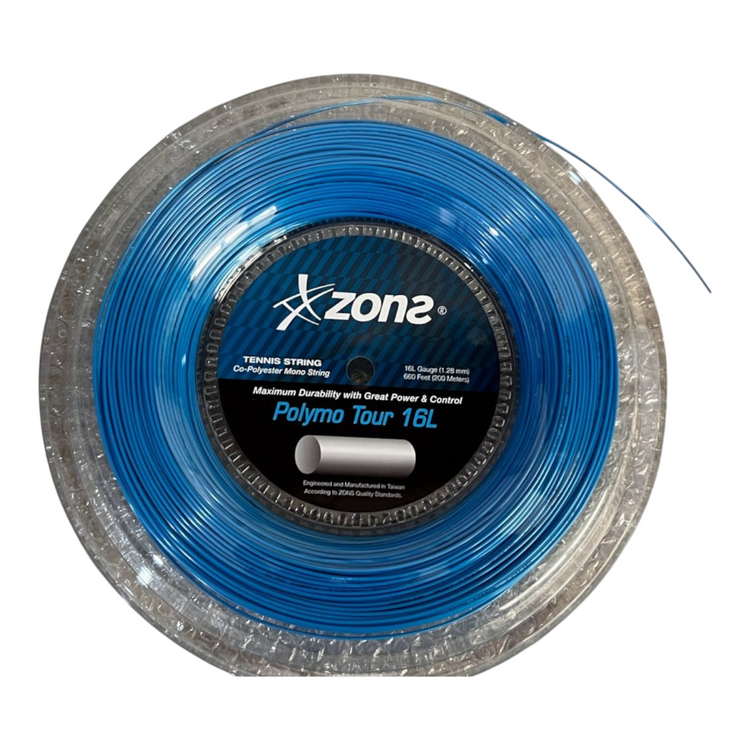 Rollo de cuerda para raqueta Zons Polymo Tour 16L color azul cielo, disponible en Radach Sports para tenis.