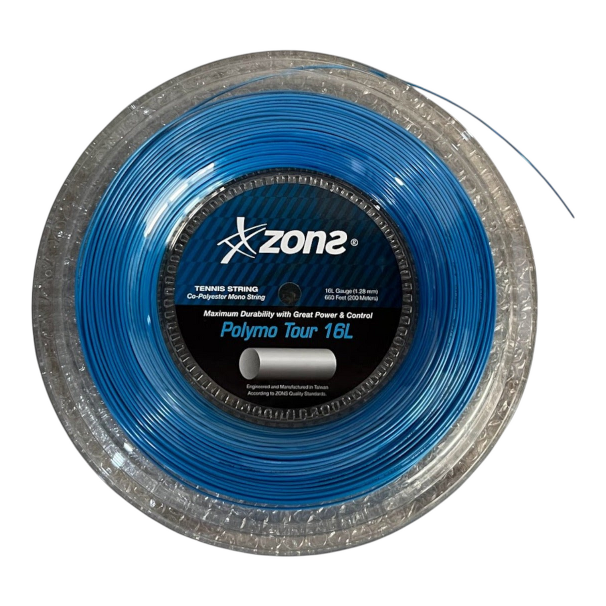 Rollo de cuerda para raqueta Zons Polymo Tour 16L color azul cielo, monofilamento de co-poliéster de Radach Sports