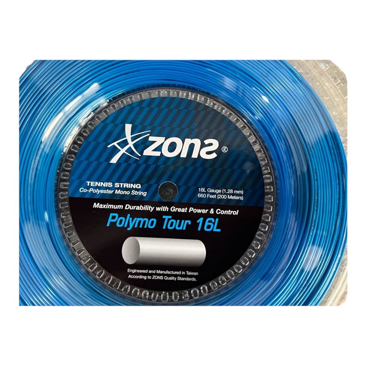Rollo de cuerda de tenis Zons Polymo Tour color azul cielo calibre 16L disponible en Radach Sports