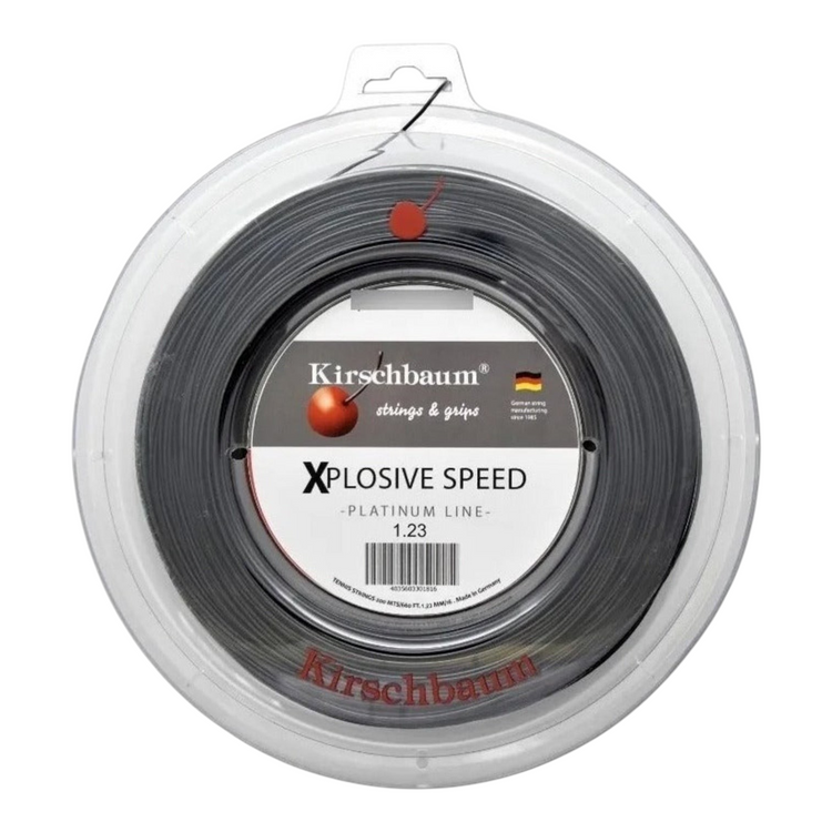 Rollo de cuerda de tenis Radach Sports Kirschbaum Xplosive Speed 1.23 mm de color negro en envase circular