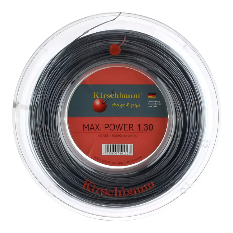 Rollo de cuerda de tenis Radach Sports Kirschbaum Max Power 1.30 mm plateado de copoliéster para alto rendimiento