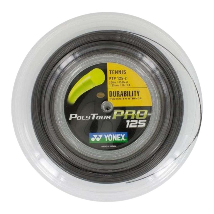 Rollo de cuerda de poliéster negro Yonex Poly Tour Pro 125 de 200m para raqueta de tenis en Radach Sports