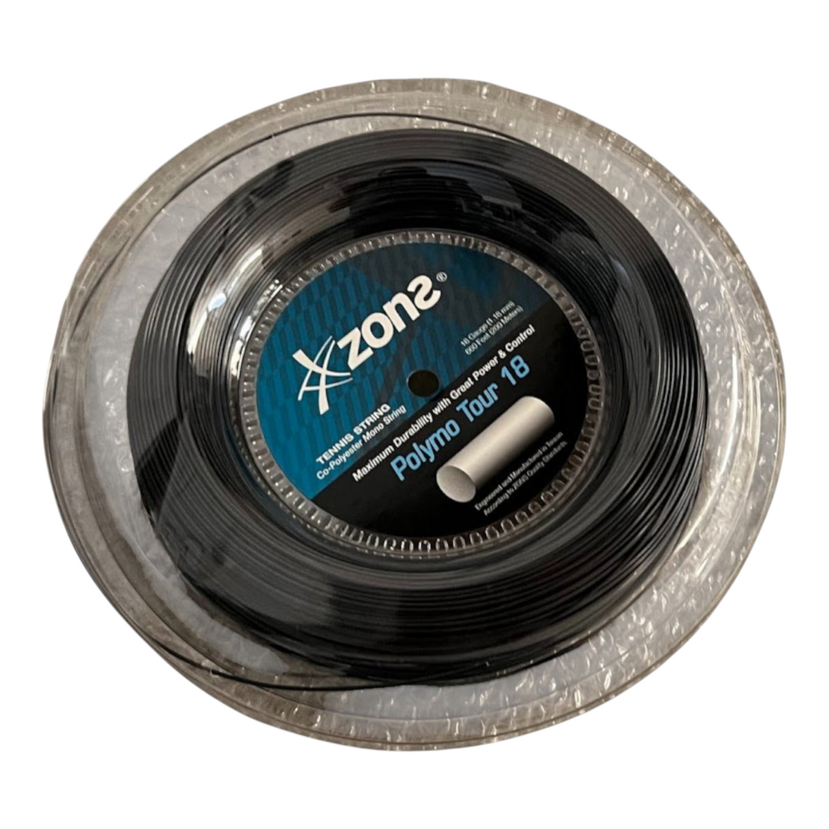 Rollo de cuerda de tenis Radach Sports Zons Polymo Tour negro calibre 18 de 200 metros en carrete protector