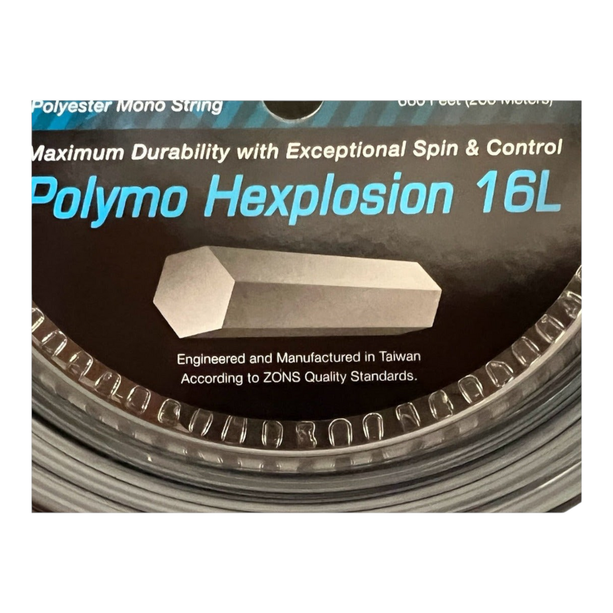 Rollo de cuerda de tenis Radach Sports Zons Polymo Hexplosion negro de co-poliéster con perfil hexagonal