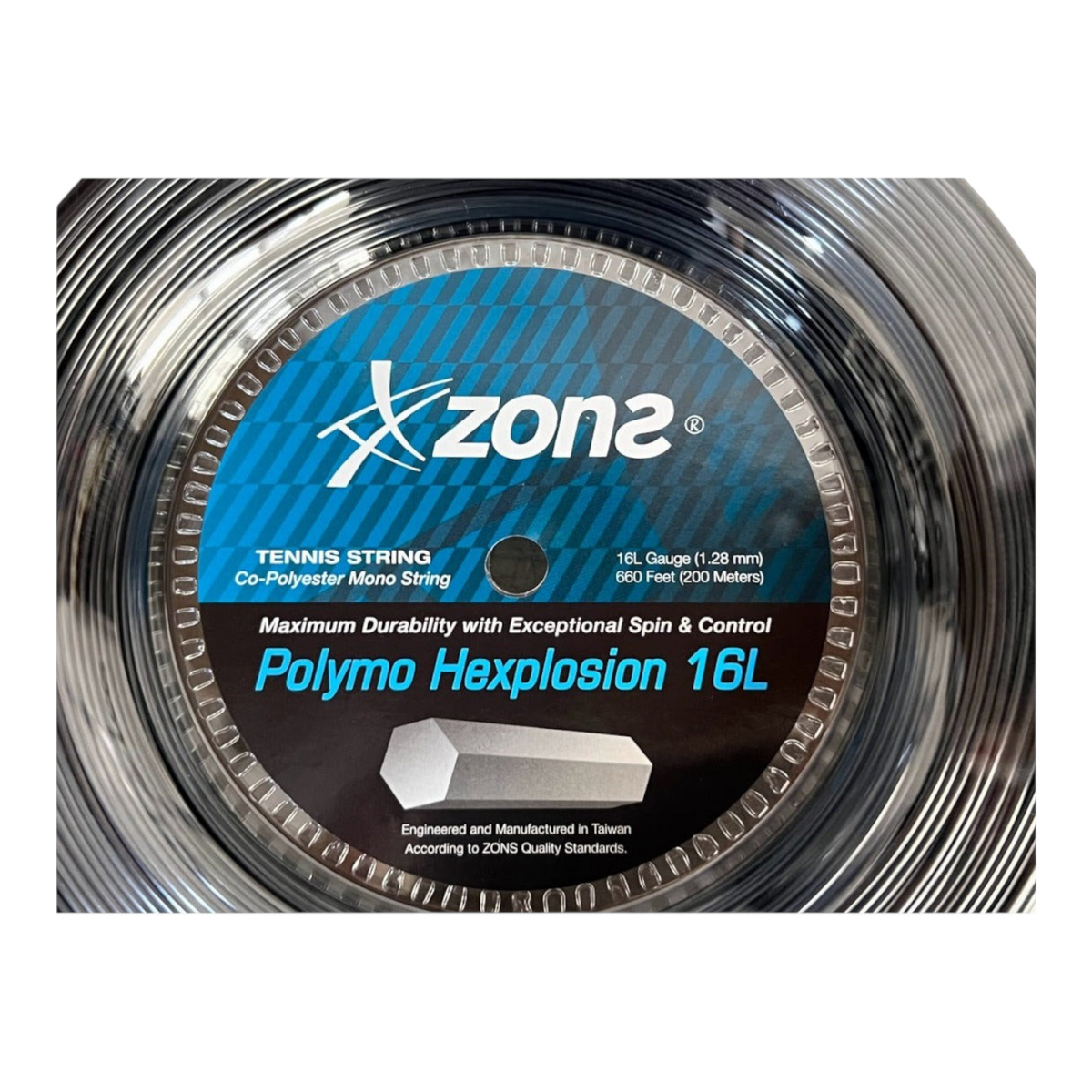 Rollo de cuerda de tenis Radach Sports Zons Polymo Hexplosion negro de 200 metros con perfil hexagonal