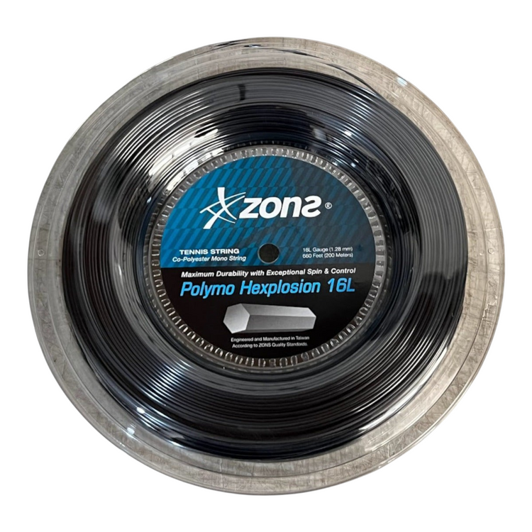 Rollo de cuerda de tenis Radach Sports Zons Polymo Hexplosion negro de co-poliéster con perfil hexagonal de 200 metros