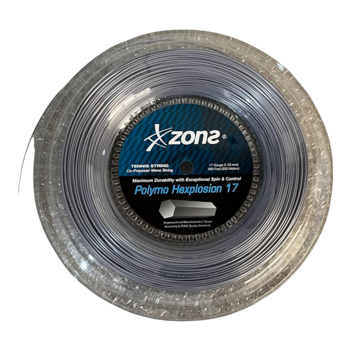 Rollo de cuerda de tenis Radach Sports Zons Polymo Hexplosion plateado de 1.23 mm con perfil hexagonal