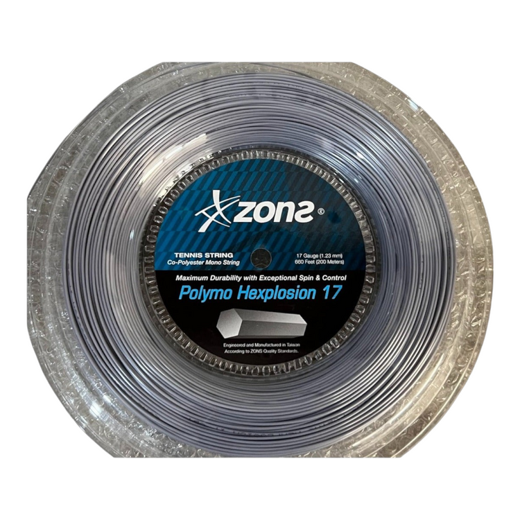 Rollo de cuerda de tenis Radach Sports Zons Polymo Hexplosion plateado de 1.23 mm con perfil hexagonal