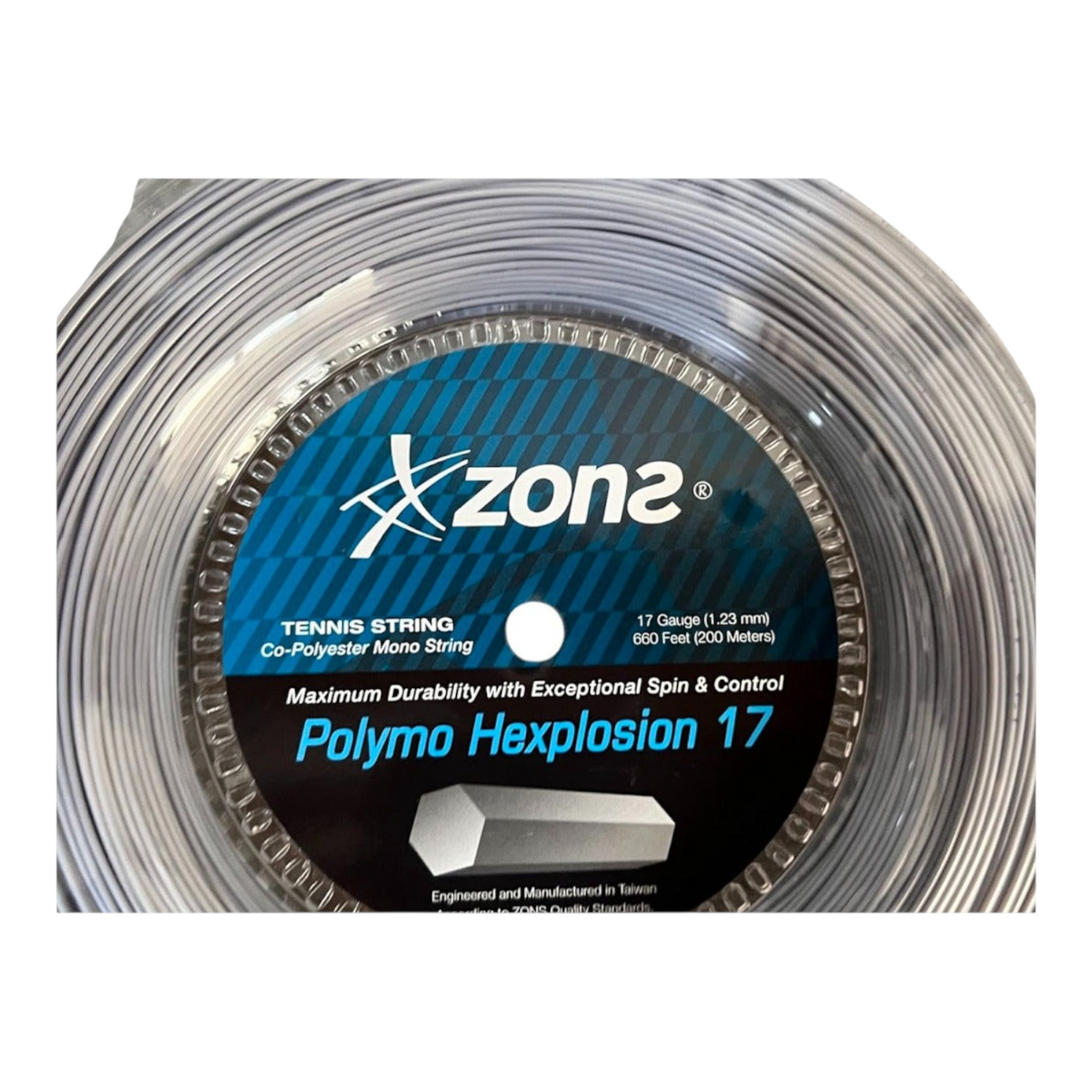 Rollo de cuerda de tenis Radach Sports Zons Polymo Hexplosion plateado de 1.23 mm con perfil hexagonal