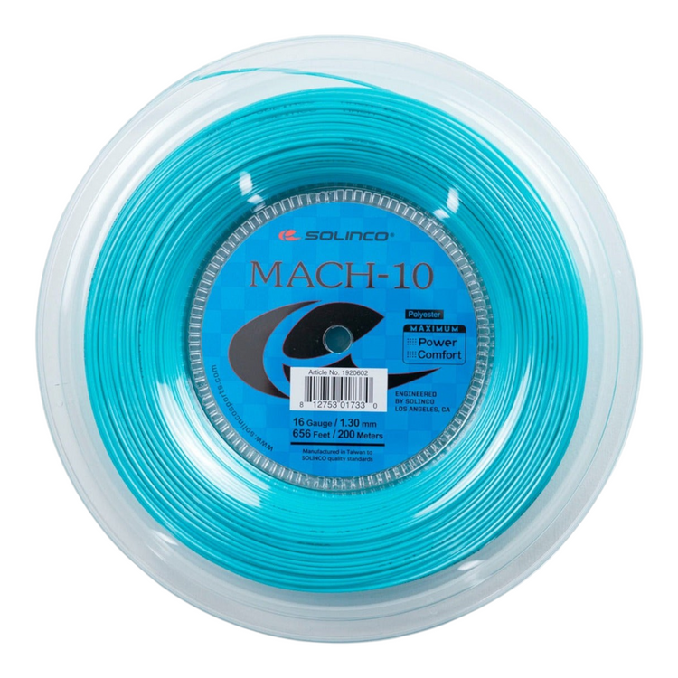 Rollo de cuerda de tenis Radach Sports Solinco Mach-10 azul claro de copoliéster hexagonal de 200 metros