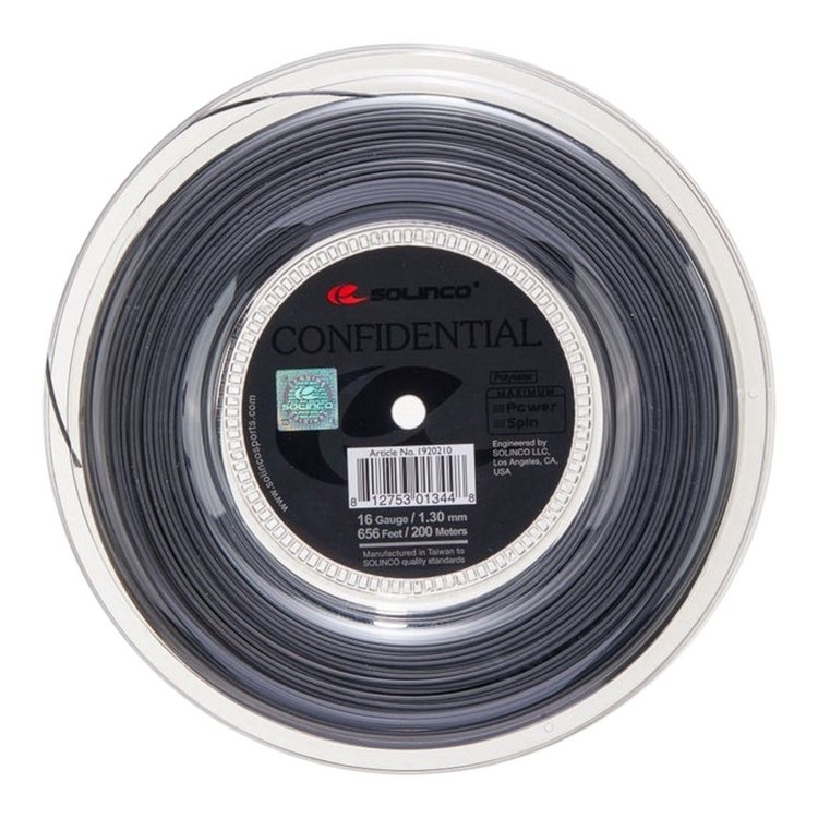 Rollo de cuerda de tenis Solinco Confidential 16 de 200m en color gris oscuro, disponible en Radach Sports