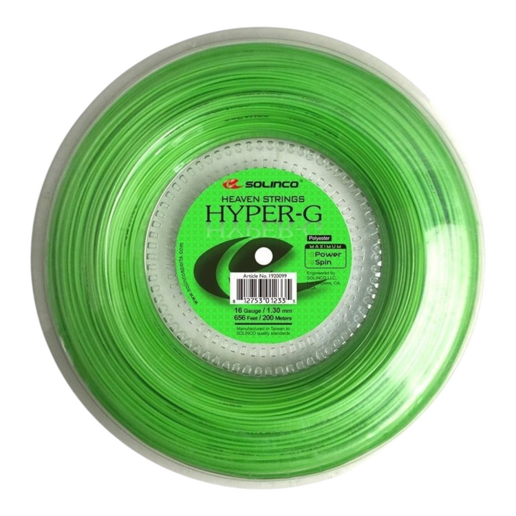 Rollo de cuerda de tenis Solinco Hyper G 16 color verde neón de 200 metros disponible en Radach Sports