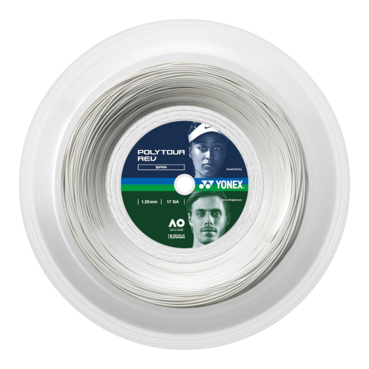 Rollo de cuerda de tenis Radach Sports Yonex Polytour Rev 1.20mm color blanco con diseño octogonal para mayor spin