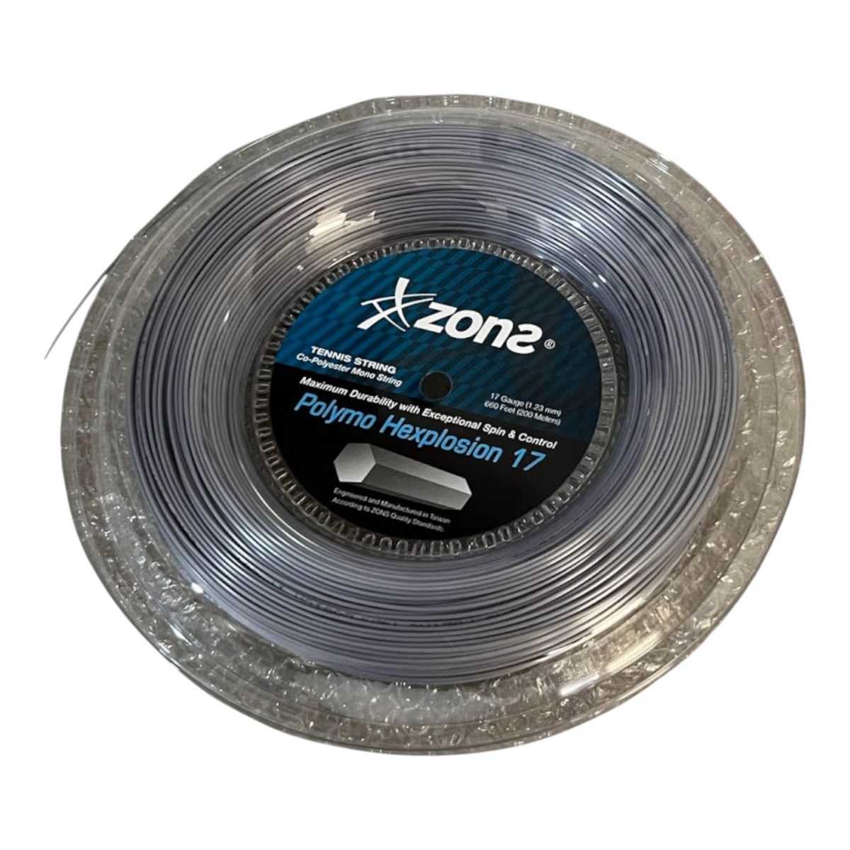 Rollo de cuerda de tenis Zons Polymo Hexplosion plateado de copoliéster hexagonal, disponible en Radach Sports.