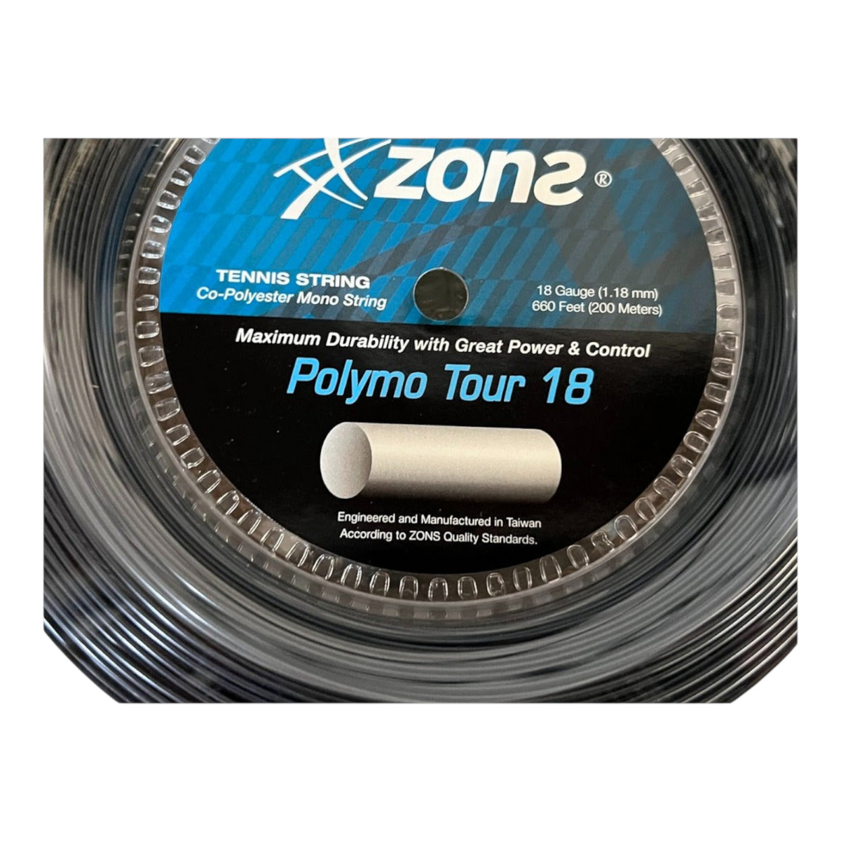 Rollo de cuerda para raqueta Radach Sports Zons Polymo Tour calibre 18 de co-poliéster negro de 200 metros
