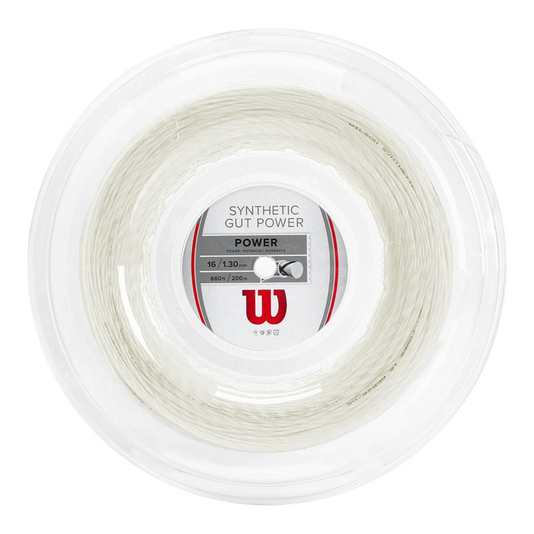 Rollo de cuerda para raqueta Wilson Synthetic Gut Power blanco de 200 metros, disponible en Radach Sports