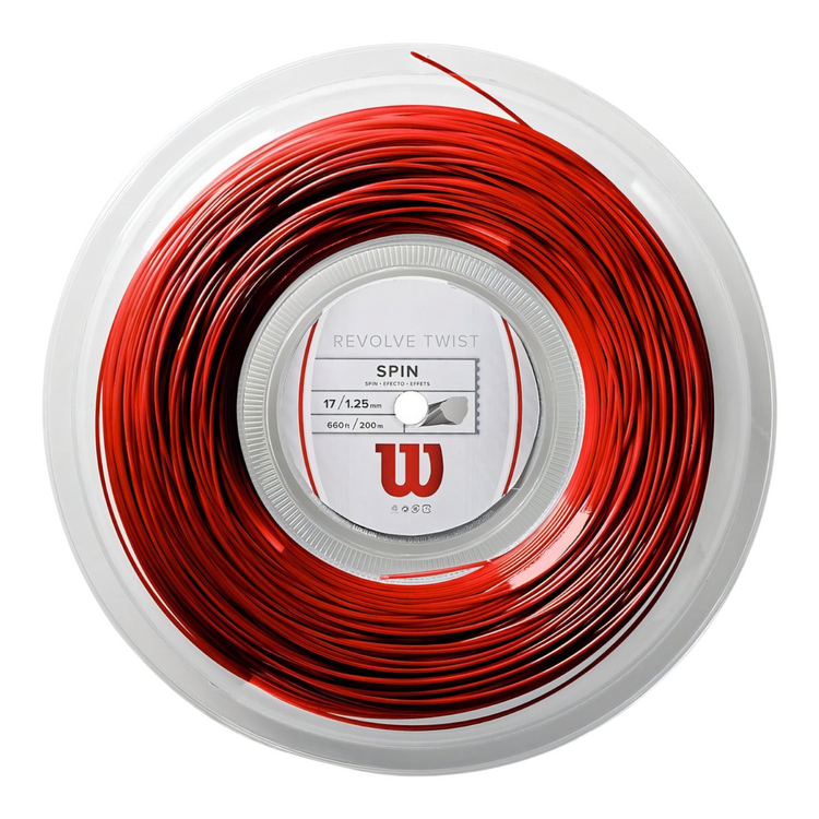 Rollo de cuerda de tenis Radach Sports Wilson Revolve Twist color rojo de 200 metros para mayor spin y control