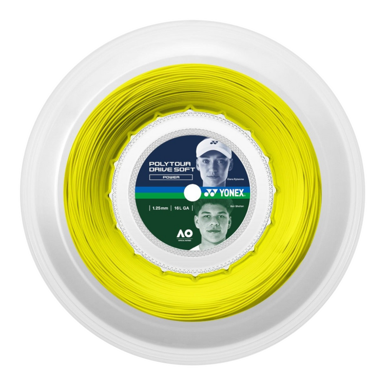 Rollo de cuerda de tenis Radach Sports Yonex Polytour Drive Soft 1.25mm en color amarillo brillante