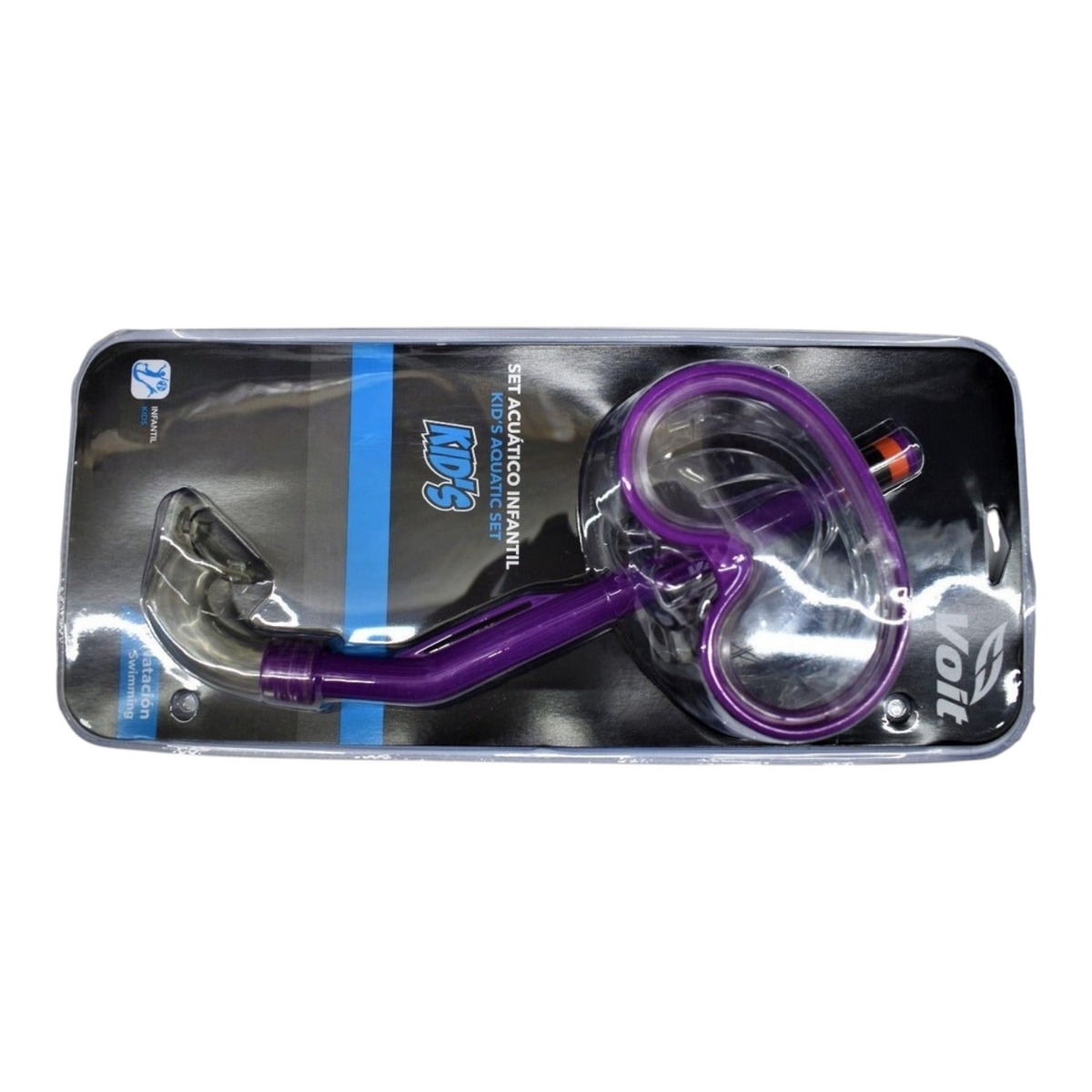 Set de buceo Radach Sports Voit para niños con visor y snorkel morado, diseño ligero y boquilla hipoalergénica.