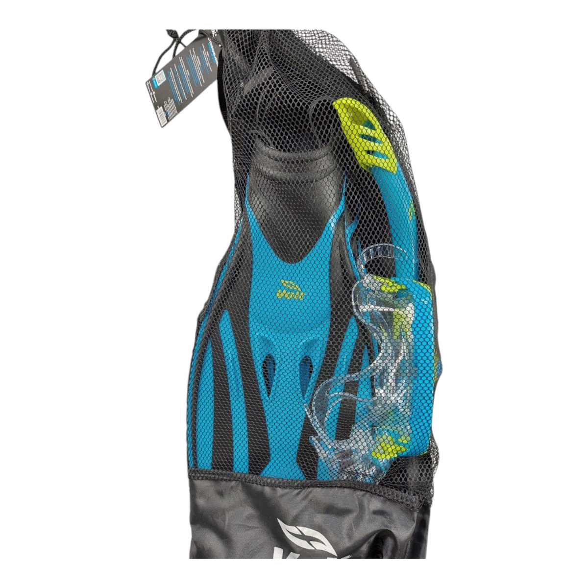 Set de esnórquel Radach Sports Triton con aletas azules y negras, visor y tubo en bolsa de malla para adultos
