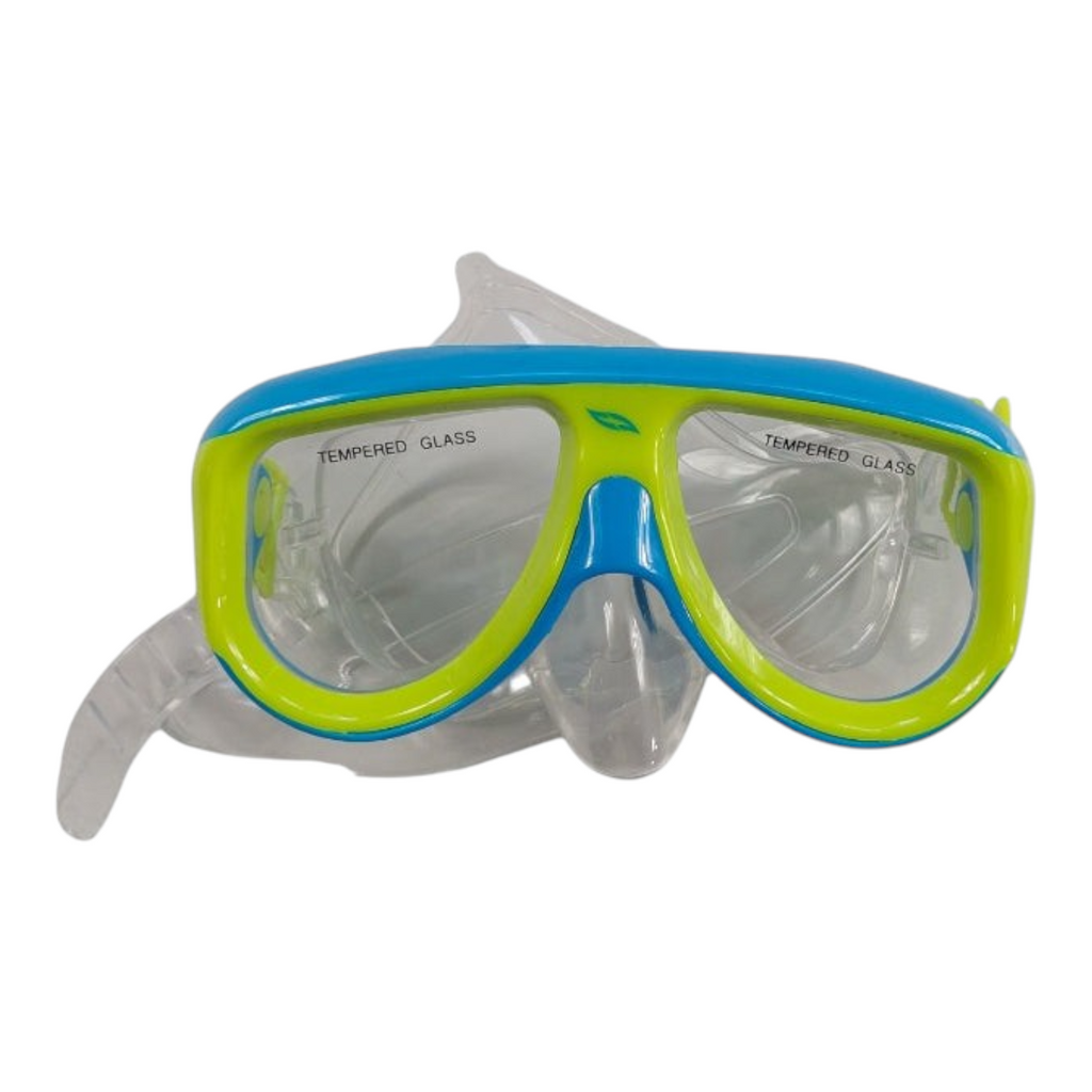 Visor de esnórquel Radach Sports Triton con marco azul y verde, vidrio templado y correa de silicón transparente