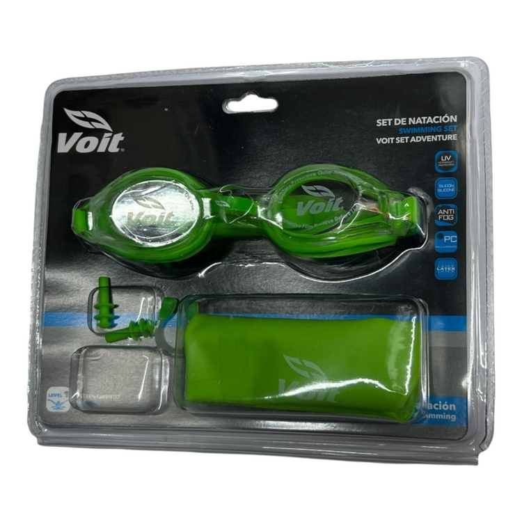 Set de natación Radach Sports Voit Adventure color verde con goggles, gorro de látex y tapones para oídos.