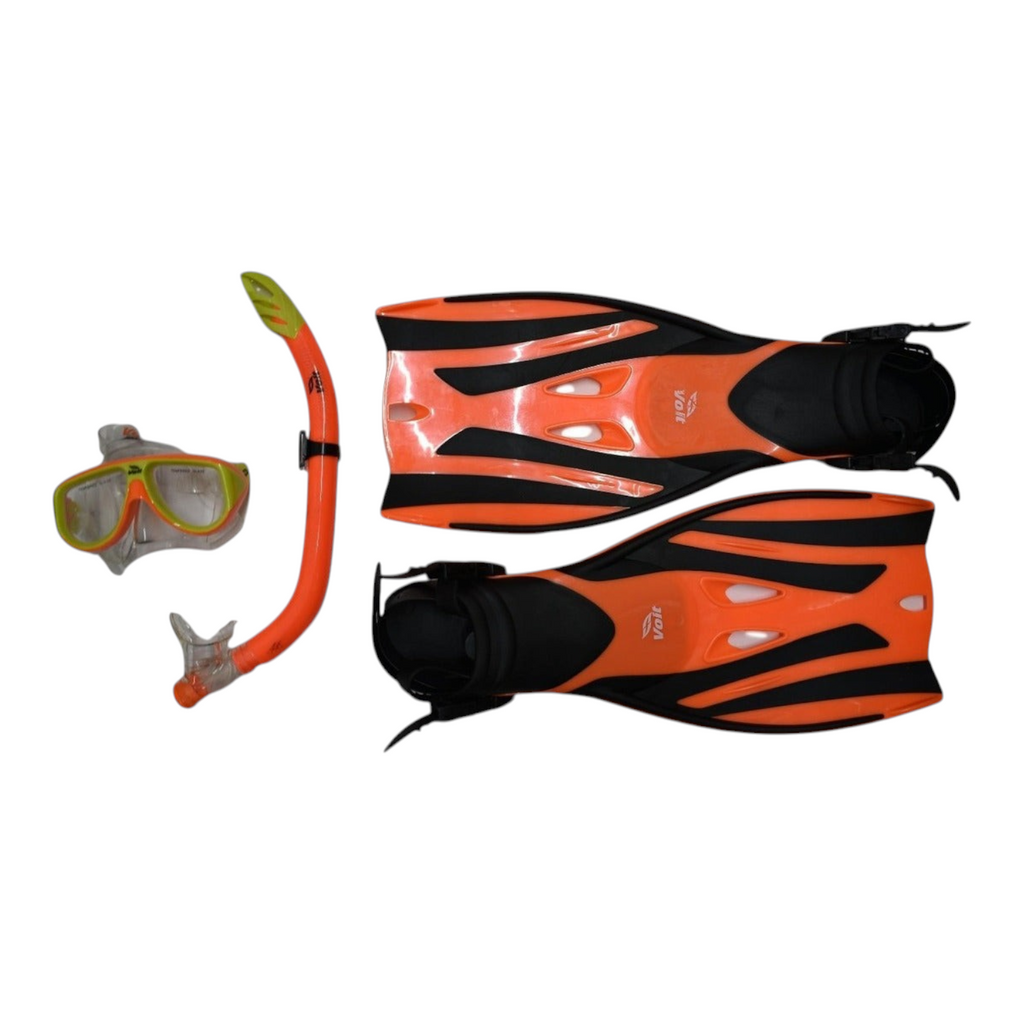 Set de snorkel Radach Sports Voit Triton naranja con visor, tubo con válvula y aletas ajustables para adultos
