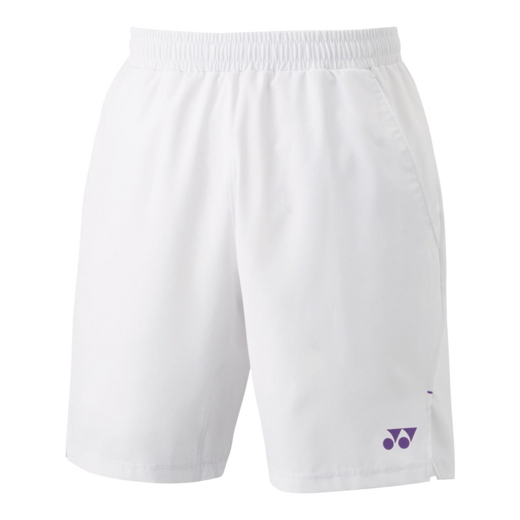 Shorts deportivos Radach Sports Yonex Pro Tour 15164EX en color blanco con logo morado y tecnología de secado rápido.