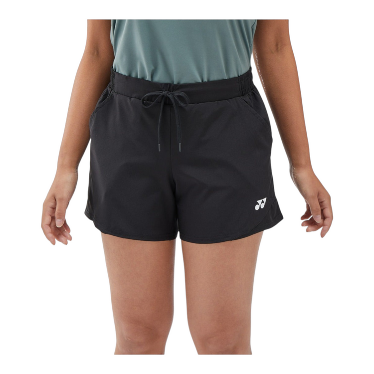 Shorts deportivos negros Radach Sports para mujer con cintura elástica, cordón y logo Yonex en el dobladillo