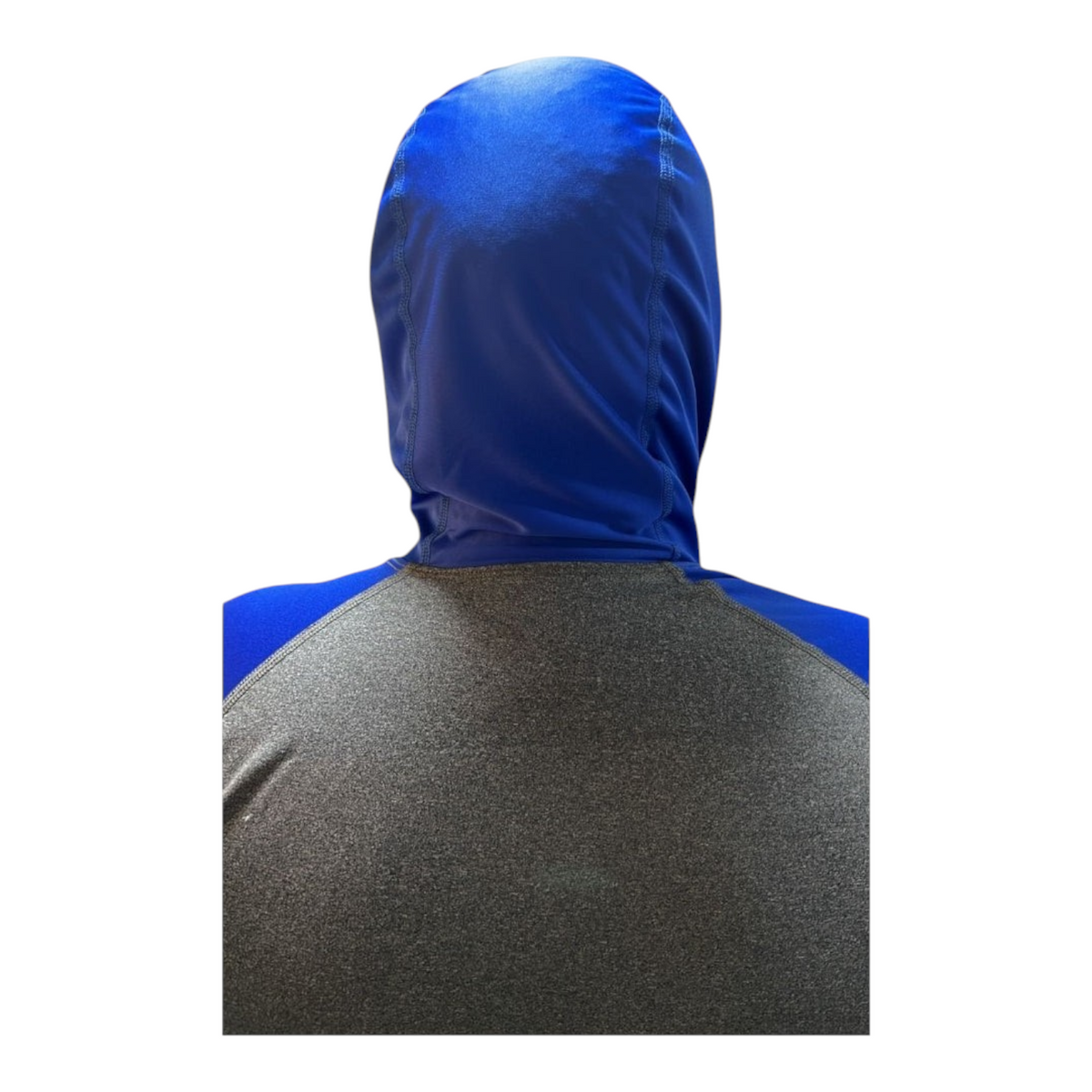 Vista trasera de la sudadera deportiva Radach Sports azul con gris y capucha transpirable para entrenamiento