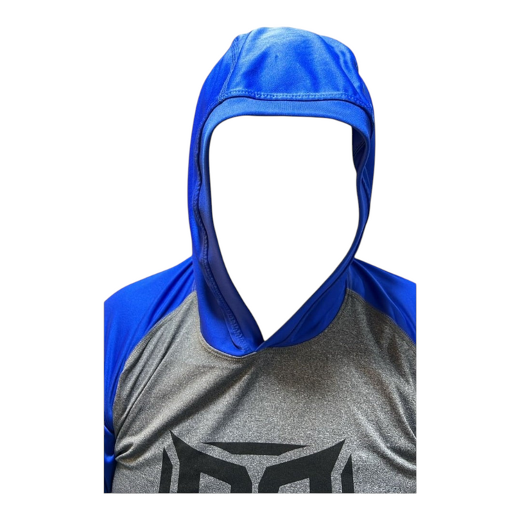 Sudadera deportiva Radach Sports azul y gris con gorro y logo Demon Slugger, tejido transpirable de alto rendimiento