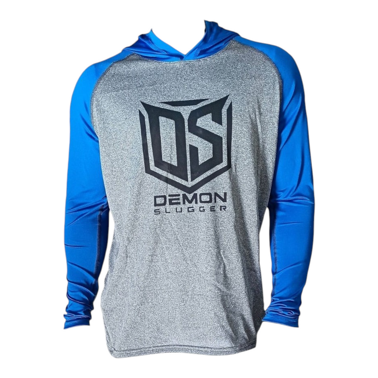 Sudadera deportiva Radach Sports DS Training gris y azul con capucha, logo Demon Slugger y tejido transpirable
