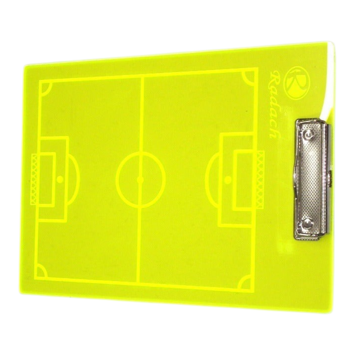 Tabla táctica de fútbol Radach Sports tamaño carta en color amarillo neón con clip metálico para entrenadores