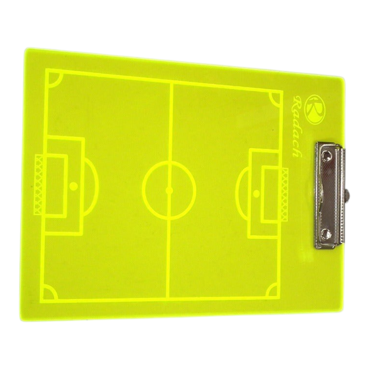 Tabla táctica de fútbol Radach Sports tamaño carta en color amarillo neón con clip metálico para entrenadores