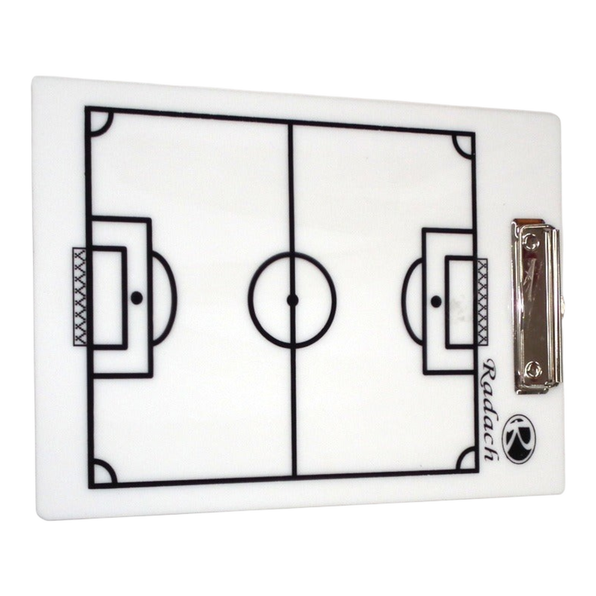 Tabla táctica de fútbol Radach Sports tamaño carta en color blanco con diseño de campo y clip metálico