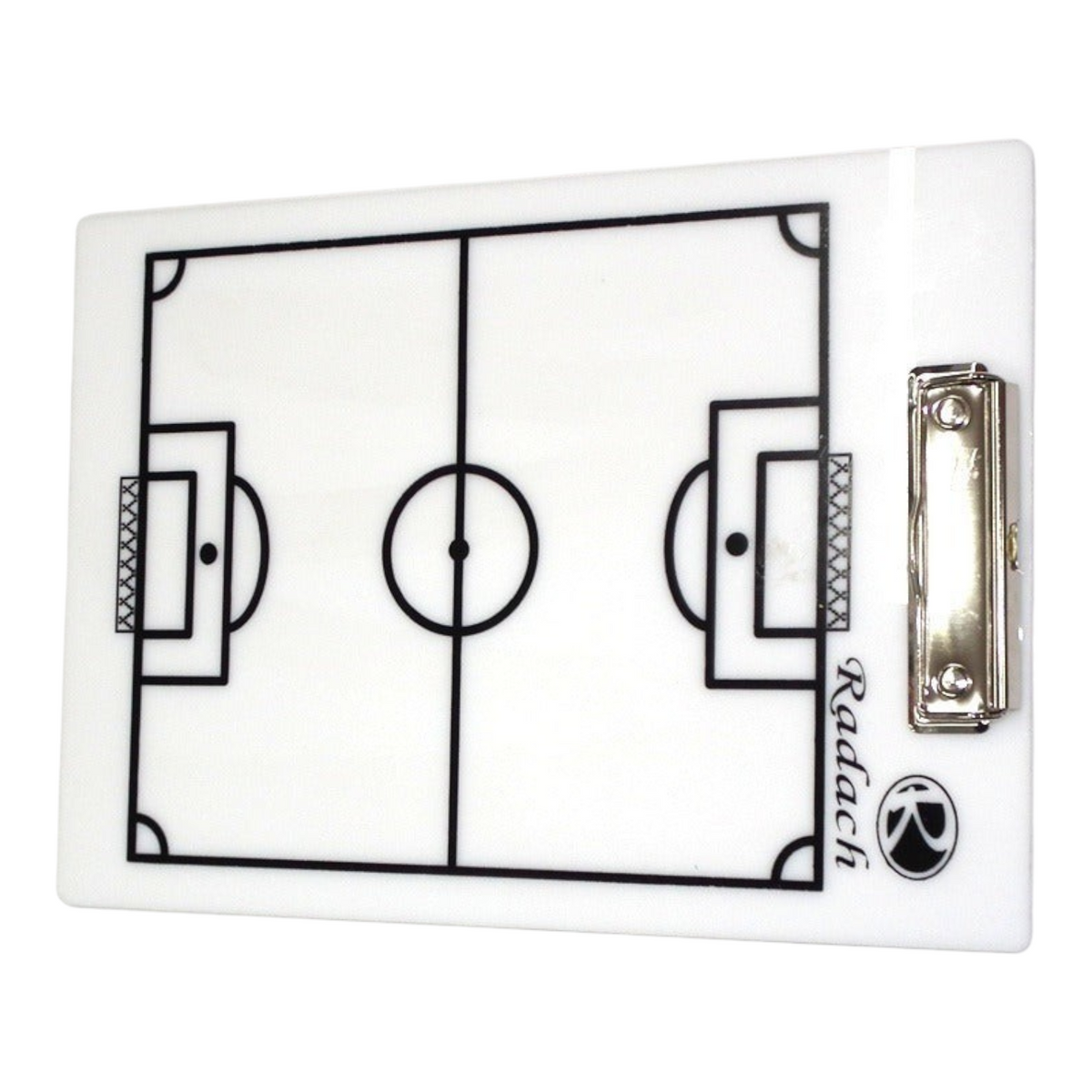 Tabla táctica de fútbol Radach Sports tamaño carta en color blanco con campo impreso y clip metálico lateral
