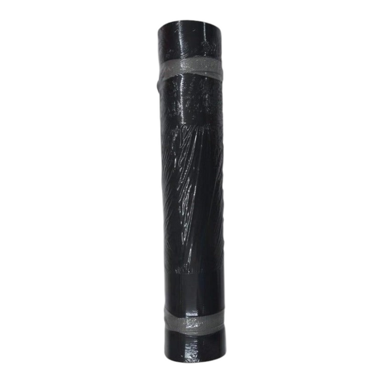 Tapete de yoga Radach Sports negro de 6mm de grosor, enrollado y envuelto en plástico con arnés de transporte.