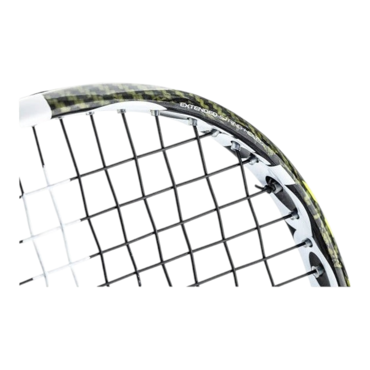 Detalle de la cabeza de la raqueta de squash Radach Sports Tecnifibre Carboflex 135 X-Top con tecnología de cuerdas