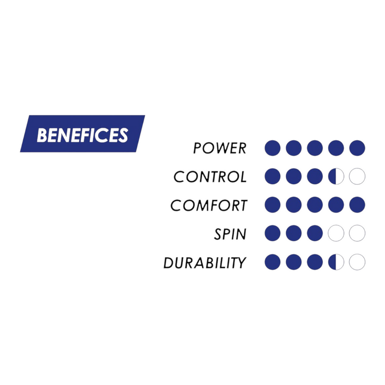 Gráfico de beneficios del cordaje Radach Sports Tecnifibre NRG2 mostrando potencia, control, confort, spin y durabilidad