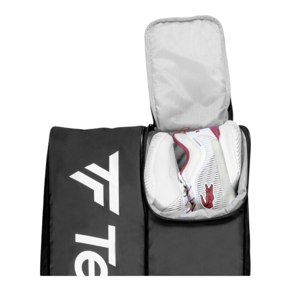 Compartimento para calzado del raquetero Radach Sports Tecnifibre Tour Endurance con zapatillas de tenis blancas