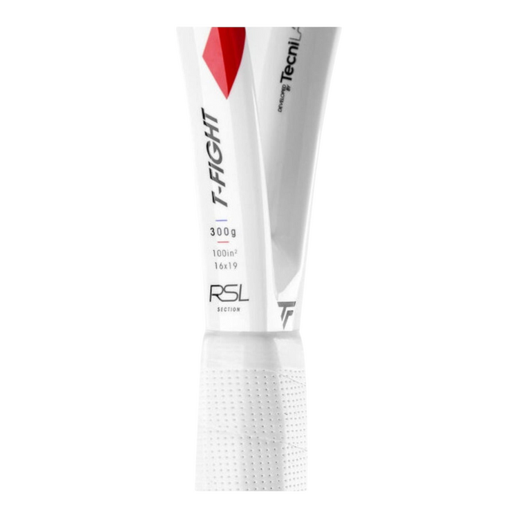 Detalle del cuello de la raqueta de tenis Radach Sports Tecnifibre T-Fight 300g con diseño blanco y detalles rojos