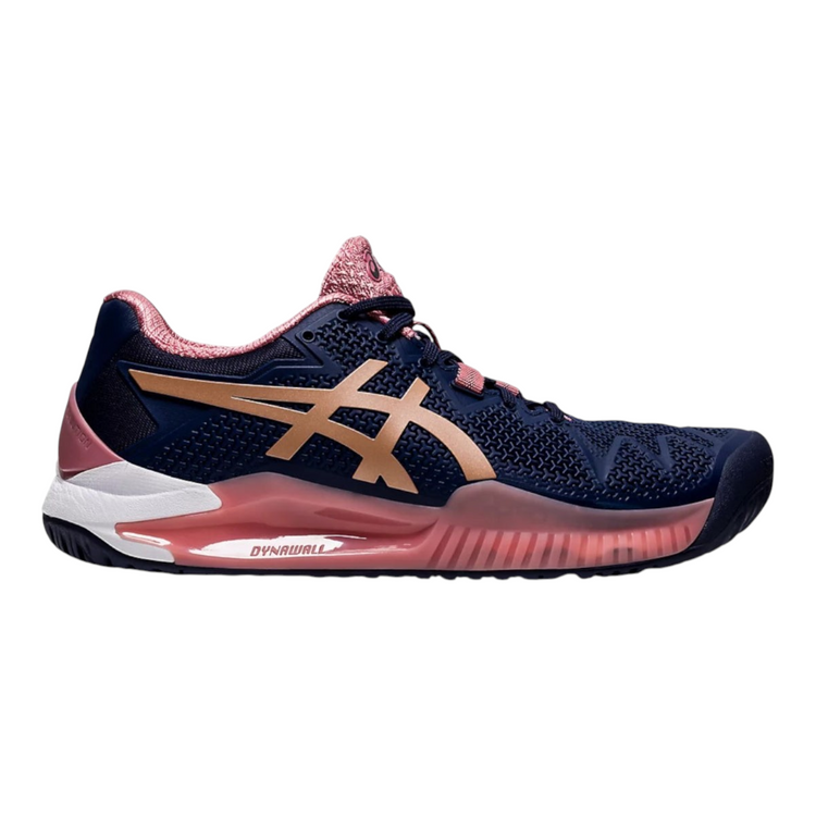 Tenis de tenis Radach Sports Asics Gel Resolution 8 para mujer en color azul marino con detalles en oro rosa
