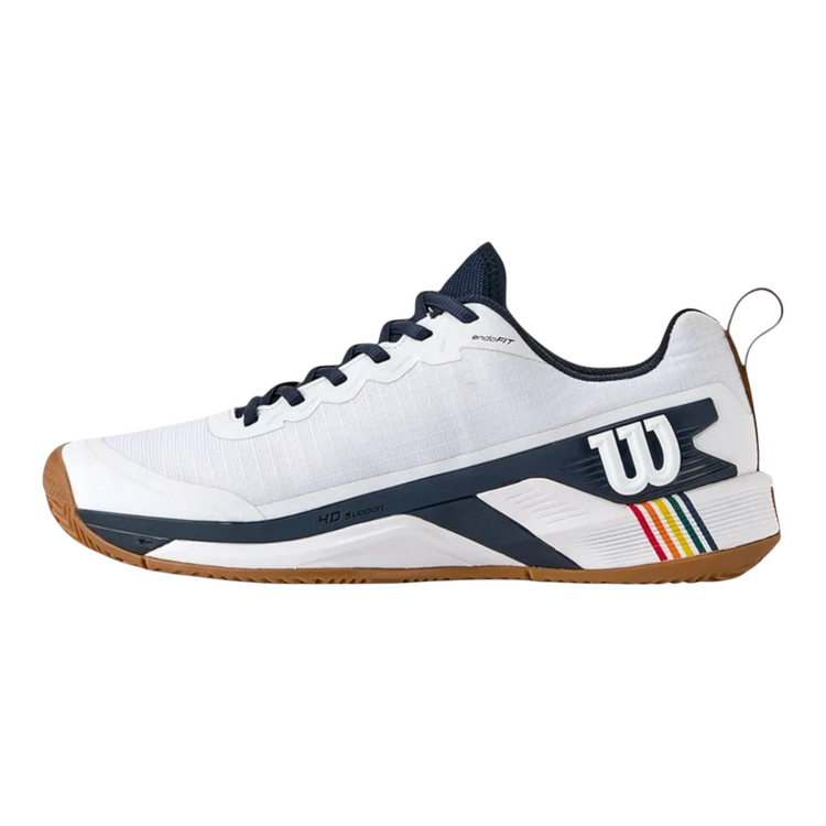 Tenis de tenis Radach Sports Wilson Rush Pro 4.5 Clay Roland Garros blancos con detalles en azul y suela de arcilla