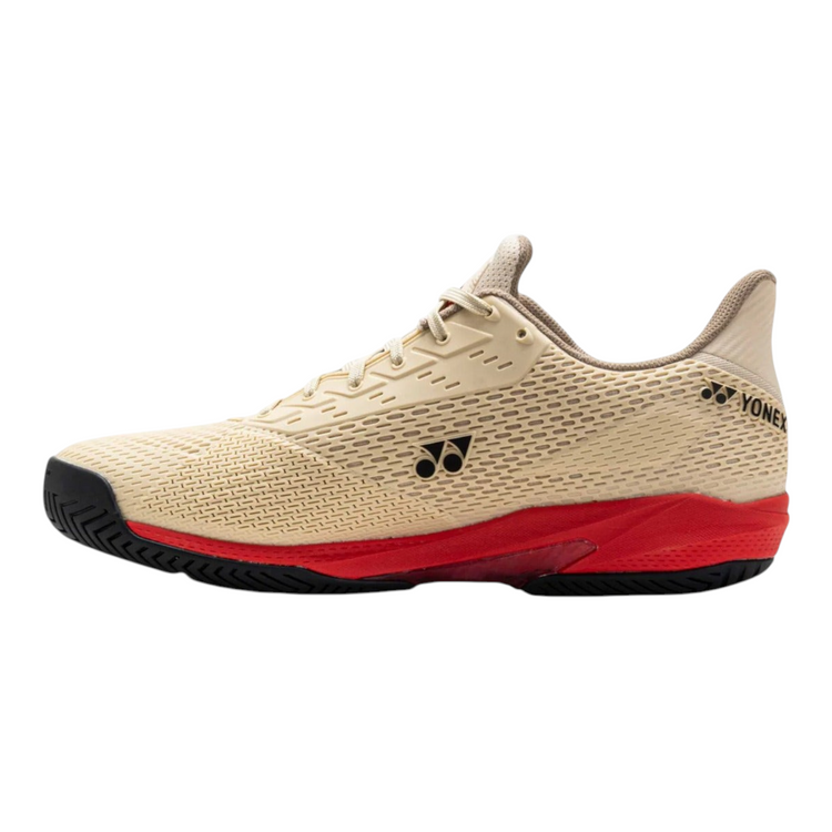 Tenis de tenis Radach Sports Yonex Ad-accel para hombre en color arena con suela roja y detalles técnicos de soporte