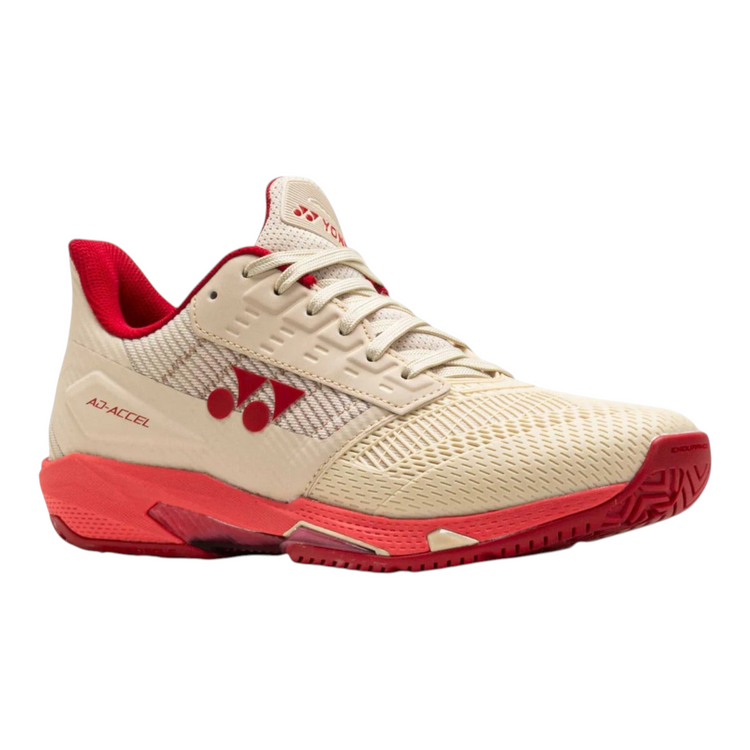 Tenis Radach Sports Yonex Ad-accel para dama en color beige con detalles en rojo, diseño ligero de alto rendimiento