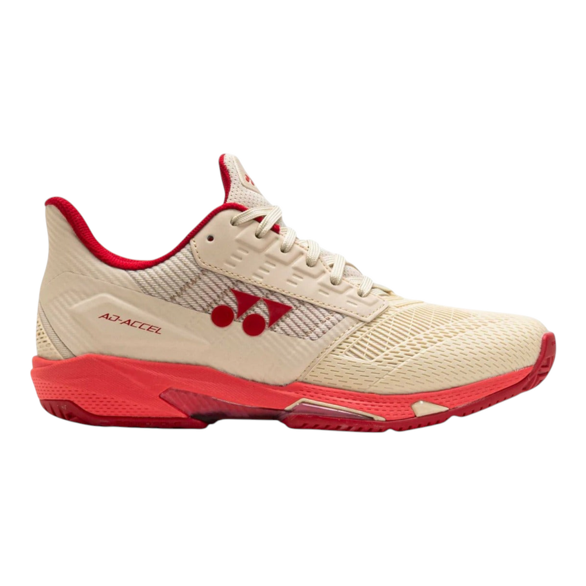 Tenis de tenis Radach Sports Yonex Ad-accel para dama en color beige con detalles en rojo y tecnología de amortiguación