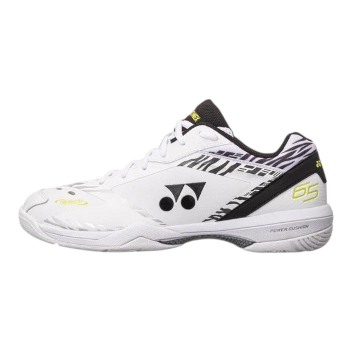 Zapatillas de bádminton Radach Sports Yonex Cushion 65 Z blancas con detalles negros y tecnología de amortiguación
