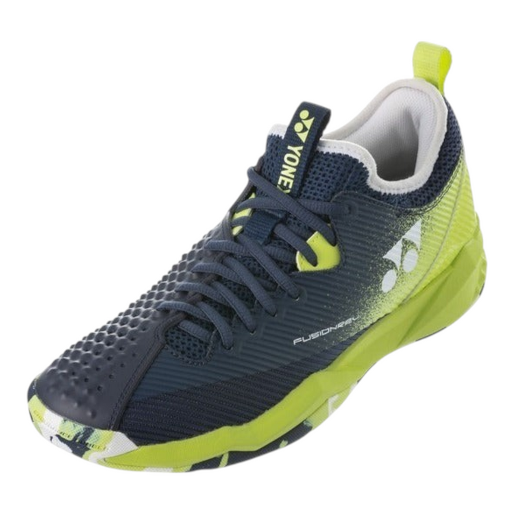 Tenis de tenis Radach Sports Yonex Fusionrev 4 en color azul marino y lima con malla transpirable y suela duradera