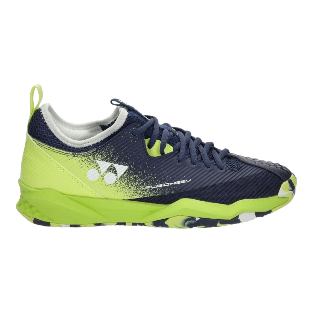 Tenis de tenis Radach Sports Yonex Fusionrev 4 en color lima y azul marino con diseño de malla y suela de alto agarre