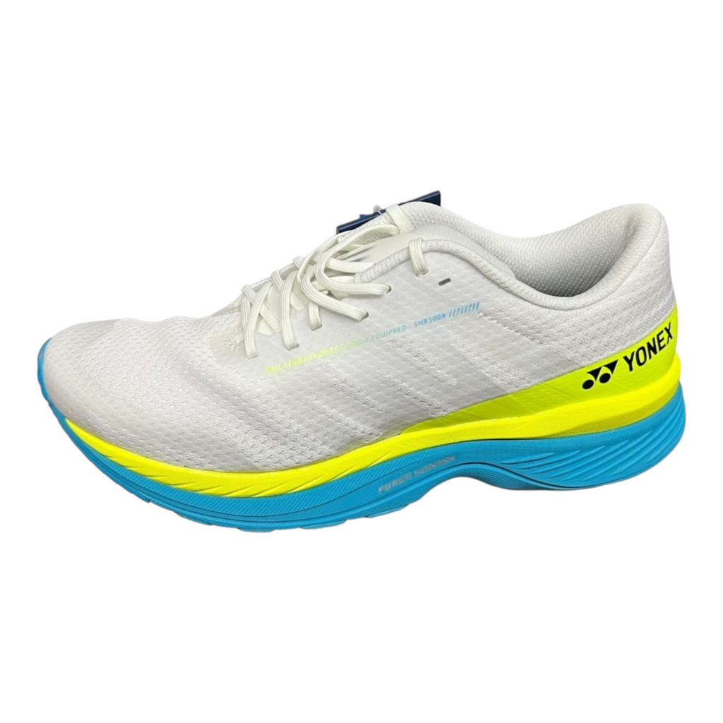 Tenis de correr Radach Sports Yonex Saferun 100x para hombre en color blanco con detalles en amarillo y azul